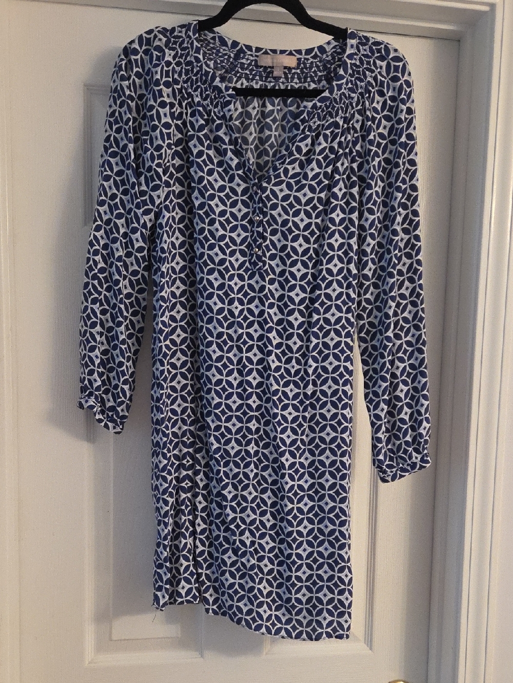 Banana Republic Blue and White Geometric Long-Sleeve Dress